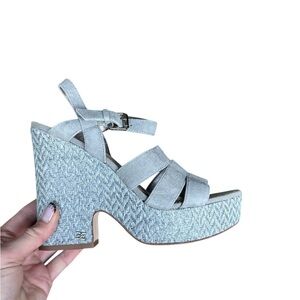 Sam Edelman Liora Wedge Sandals – Size 8M – Light Blue Suede Leather – 5” Heel